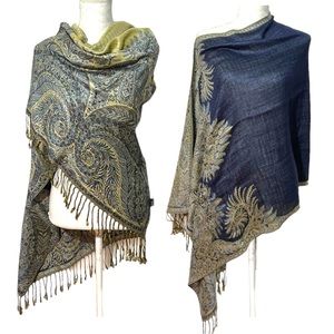 Blue Fringe Poncho Scarf Gold Paisley Lightweight Shawl NEW